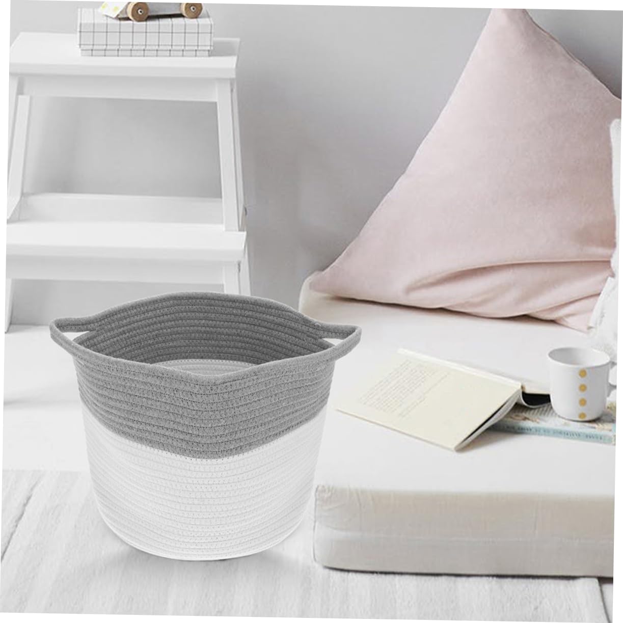 Cesta de Almacenamiento Tejida de Cuerda de Algodón, 2 Unidades | Redonda Asas, Color Beige, para Guardería y Escritorio, Diseño Suave y Versátil