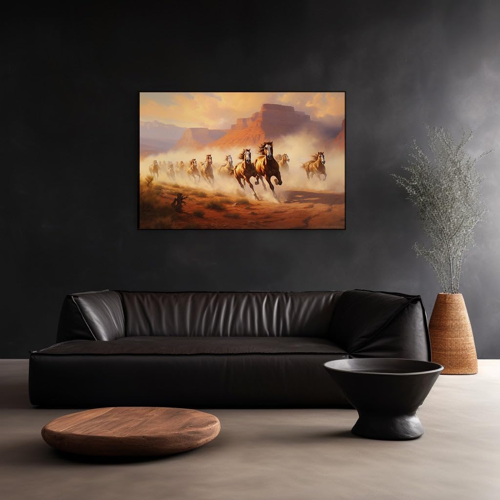 Canvas for Living room. Galloping Majesty: A Dynamic Herd's Desert Charge, 27 x 18 inch Canvas Wall Art - Ready to Hang - 69x46 cm (27x18 inch)