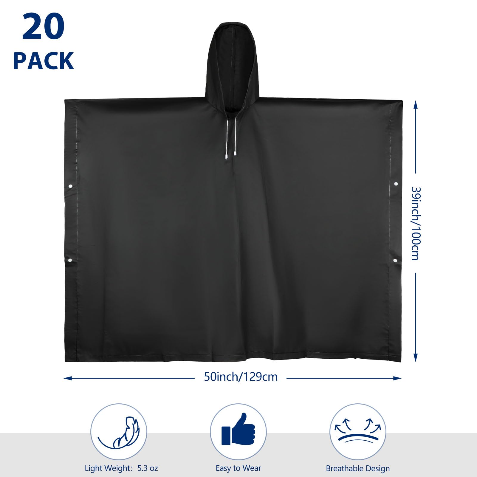 Zhehao Ponchos de lluvia negros para adultos con capucha con cordón reutilizable, impermeable, poncho de plástico grueso (20 piezas), Negro -, 0