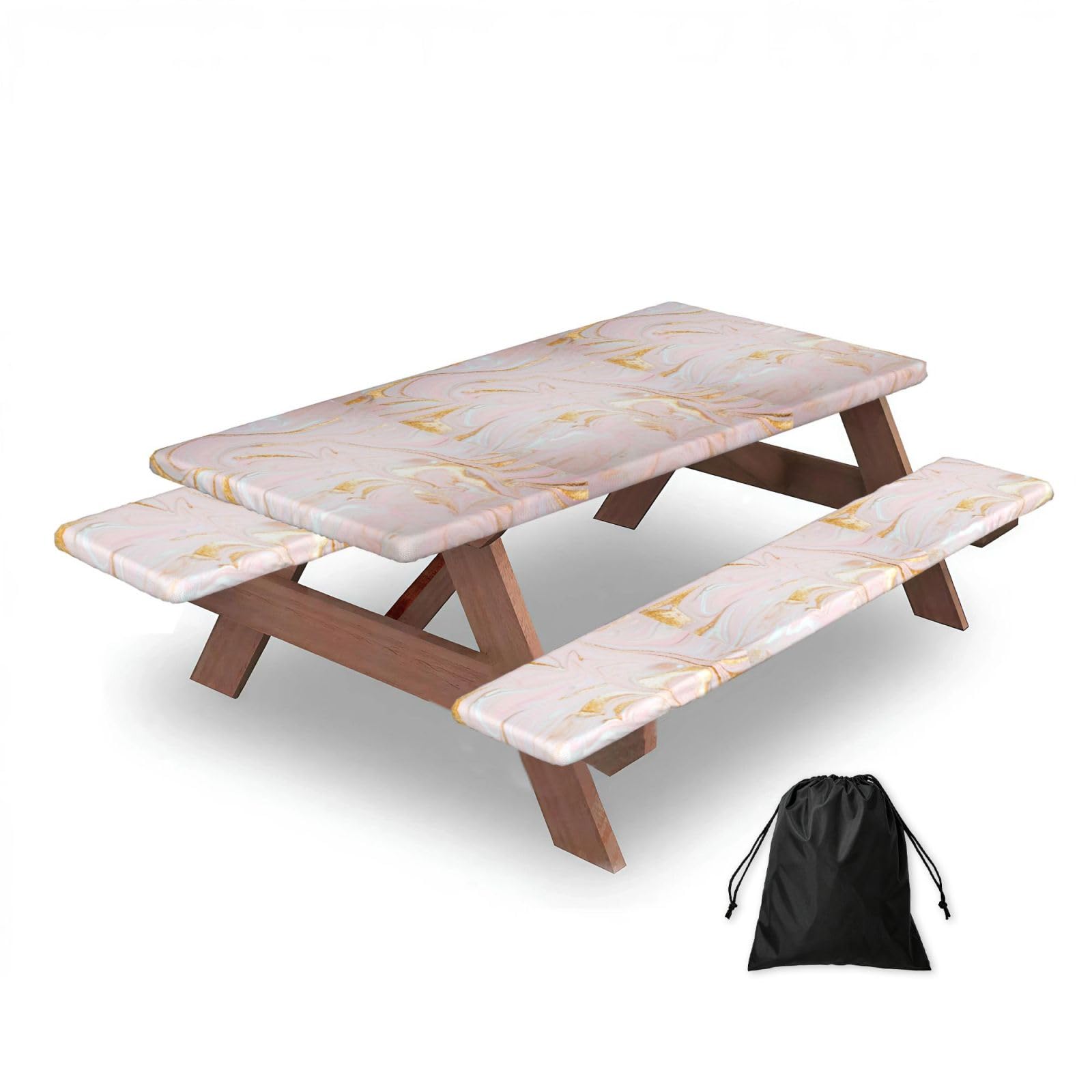 Dopklna As Picture Pastel Marbling Fitted, Picnic Table Cover With Bench Covers -Waterproof Elastic Fitted Tablecloth For Garden Camping Patio 76X152cm