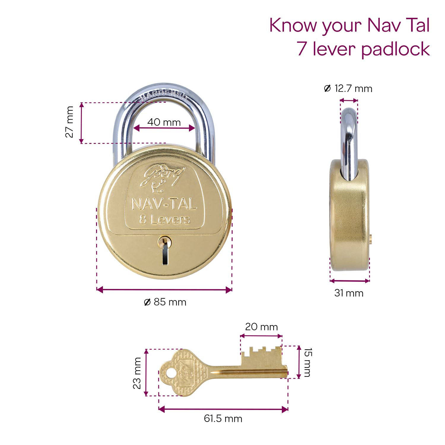 Godrej Locks | Navtal 8 Lever Brass Padlock 85mm with 3 Keys | Hardened Steel Shackle | Heavy Duty | for Main Door, Gates, Shutters, Warehouses, Offices & Industrial Use | 1 Year Warranty — Amazon image 6