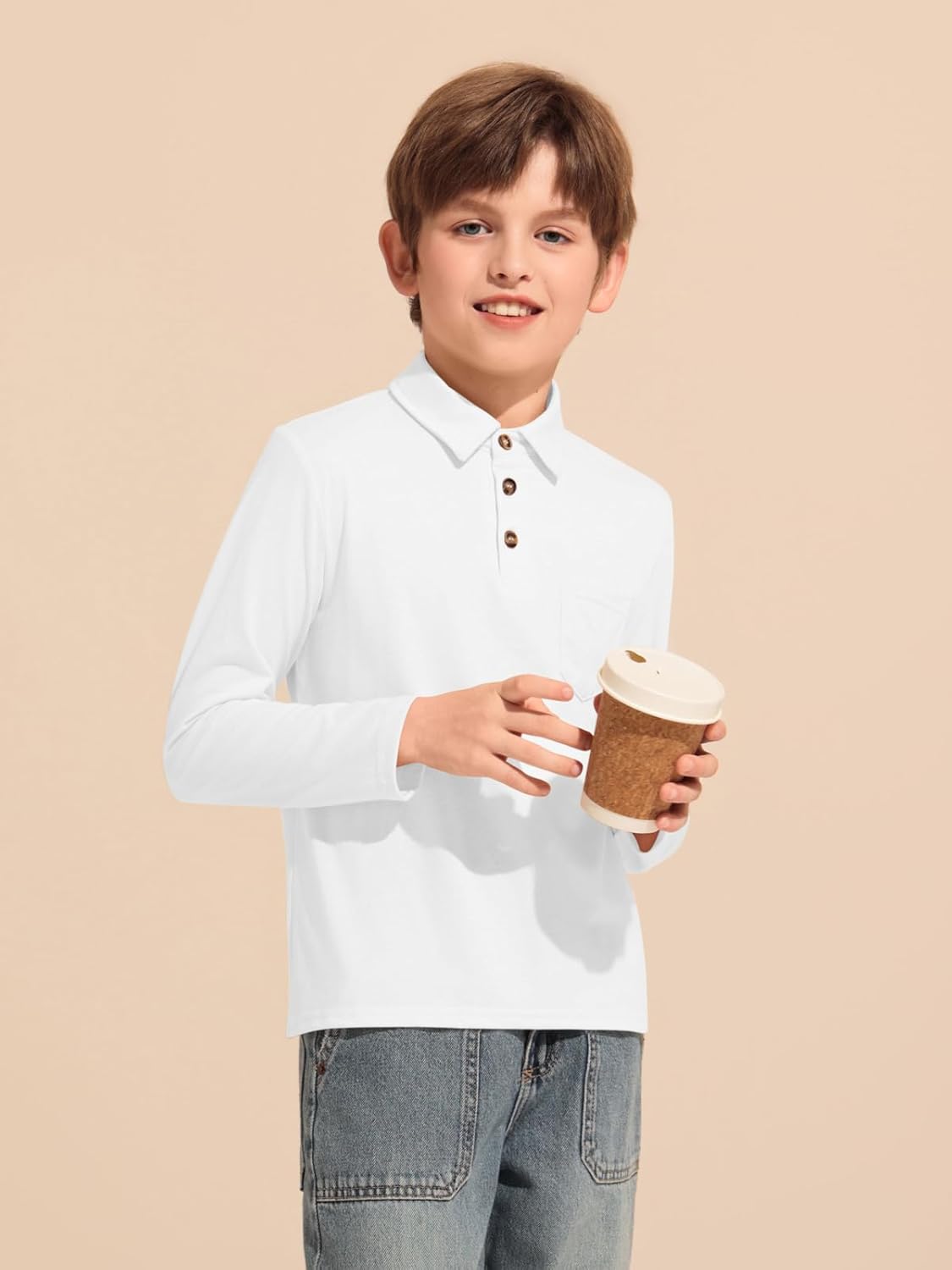 Haloumoning Boys Long Sleeve Polo Shirts Kids Casual Button School Uniform Shirts with Chest Pocket 5-14 Years - Image 3