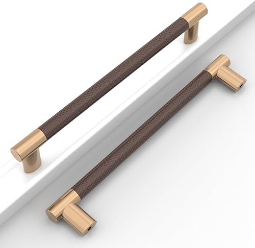 Paquete de 10 manijas de gabinete de cocina color bronce marrón y champaña de 7 pulgadas (177 mm) con centro de orificio moleteado, tiradores para