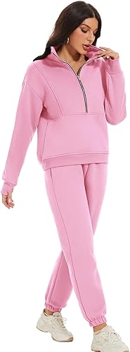 Miniatura 8 de COZYPOIN Conjunto deportivo de dos piezas de forro polar para mujer con media cremallera y pantalones deportivos