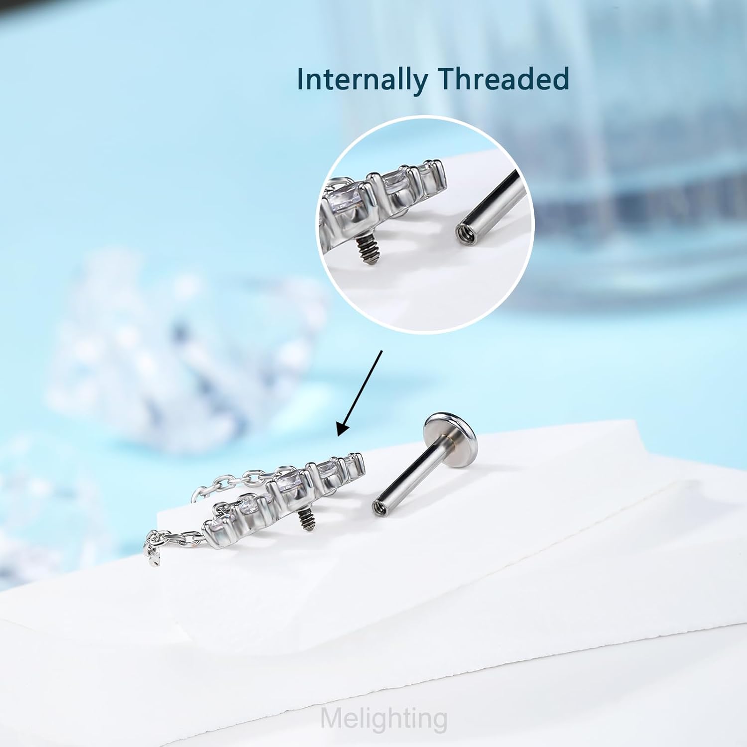 Melighting Double Chain Cartilage Earring 16G Curved Helix Earring Internally Threaded Clear Cz Stainless Steel 316L Flat Back Stud For Women - Image 3