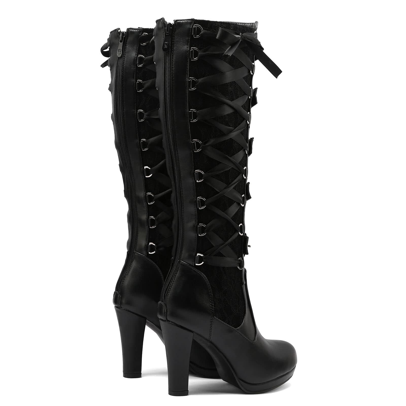 Women Lace Goth Knee High Boots Buckle Block Heel Lace Up Knee Boots Punk Platform Back Zipper Riding Combat Bootie: Black 5