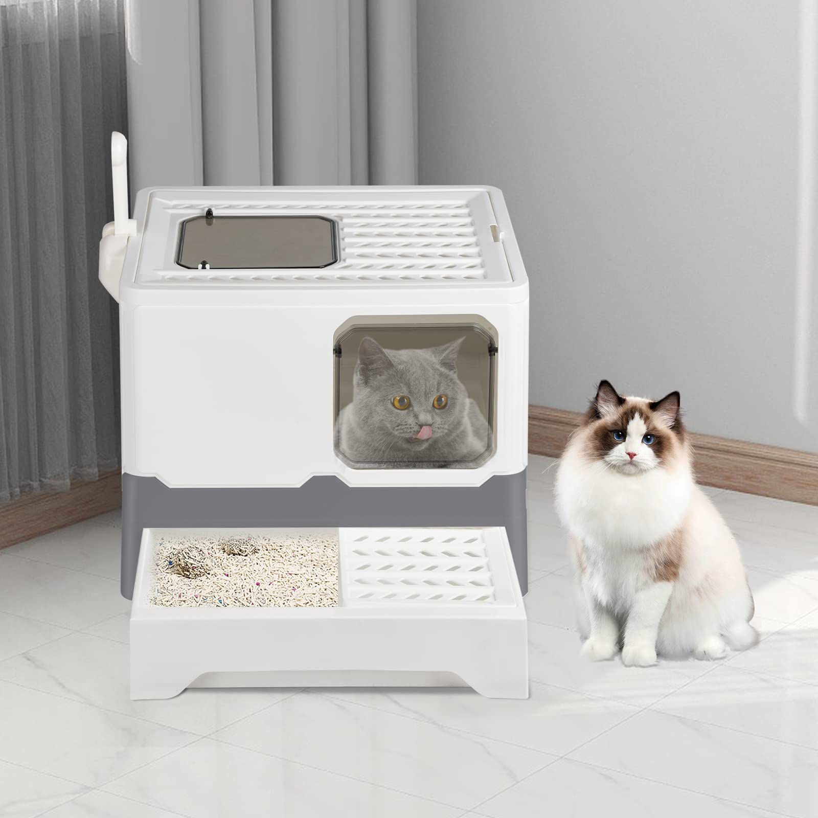 Hamiledyi Große Katzentoilette Mit Deckel & Schublade – Faltbar, Top-Eingang, Inkl. Schaufel, Blau/rosa/grau