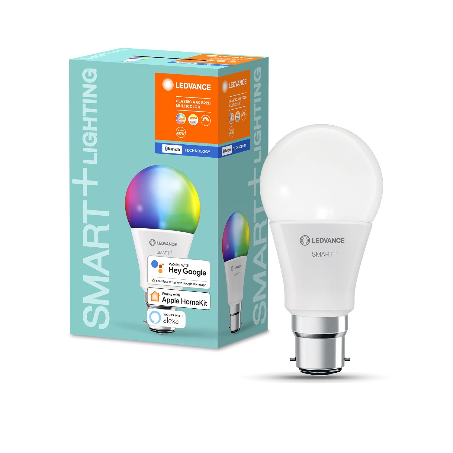 LEDVANCE Lámpara Smart LED con Bluetooth, B22d, color de luz cambiante (2700-6500K) y RGB cambiables, reemplaza las lámparas incandescentes con 60W, controlable con Alexa, Google y Apple, paquete de 4