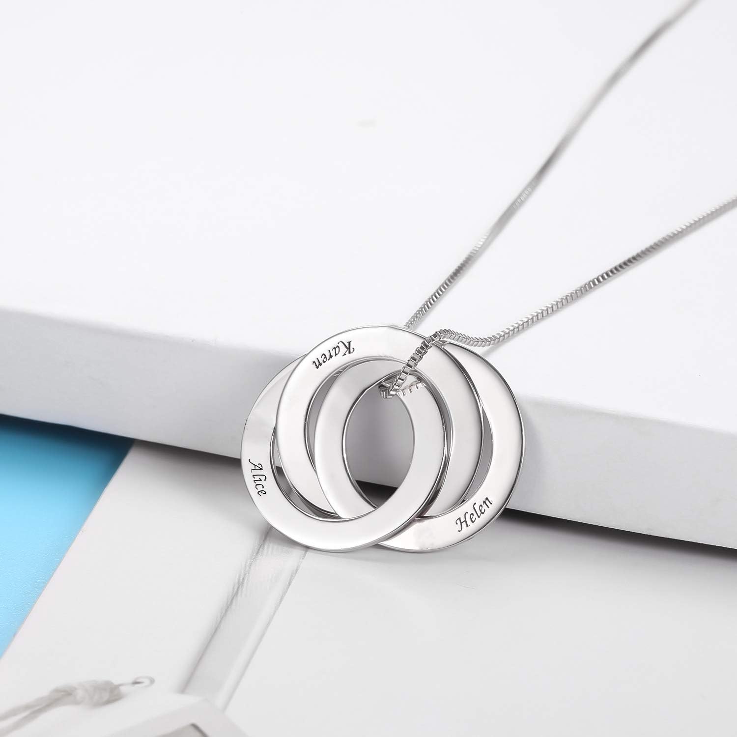 MissNity Personalized Russian Ring Necklace Engraved 1-4 Names for Women – Customized Family Jewelry Gift for Mother Mom – Customize Interlocking Circle Pendant Necklaces