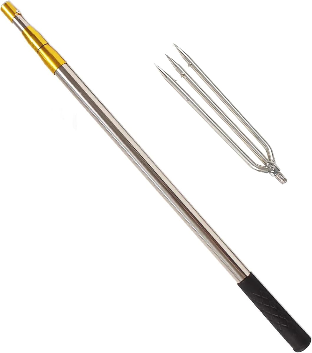 Fish Gaff Cañas telescópicas de 6.2 pies con 3 dientes, gancho de pesca de acero inoxidable con tornillo de 8 mm, arpones surtidos de 1 a 7 dientes con púas, lanza de pesca en mar y hielo para cazar peces rana