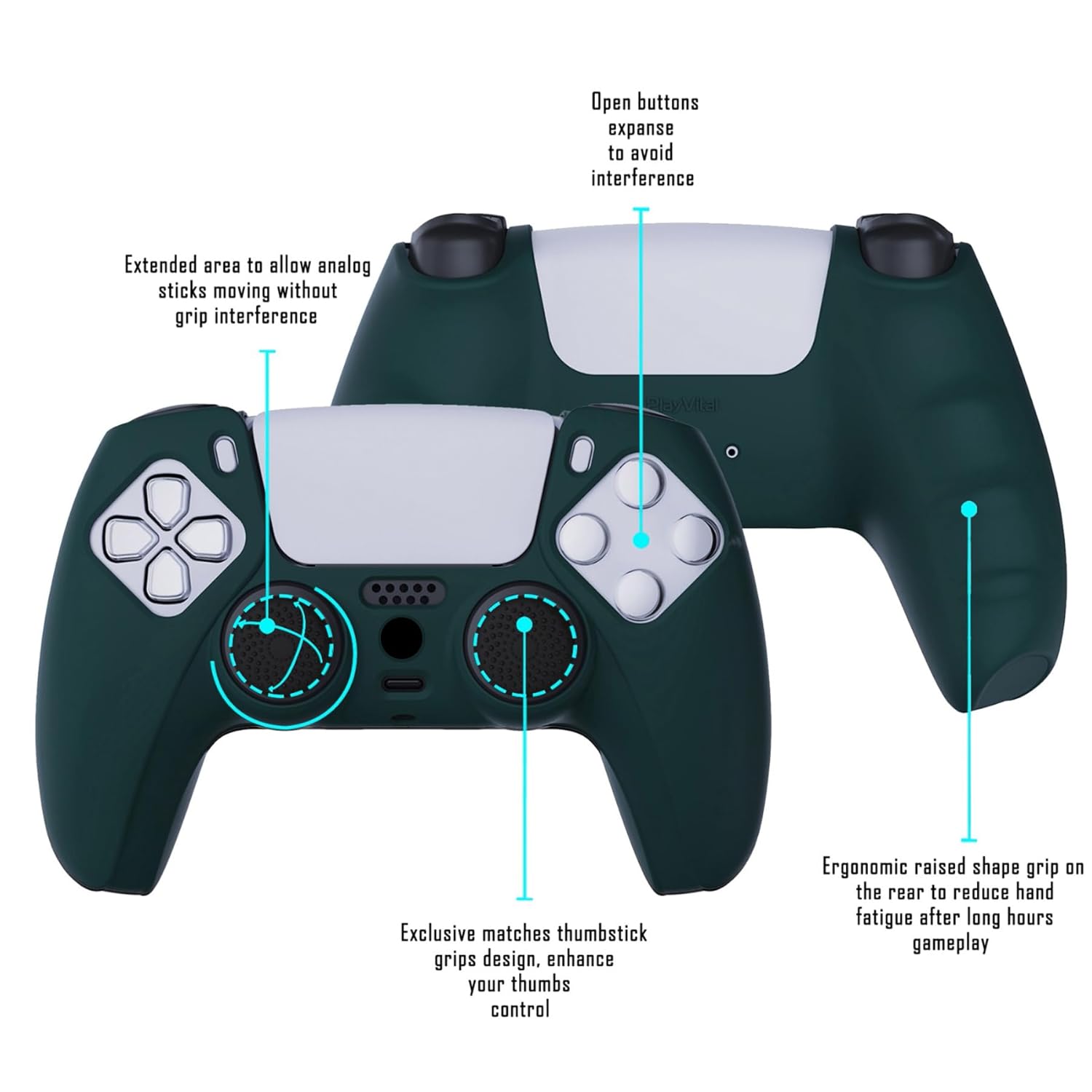 PlayVital Racing Green Pure Series Anti-Slip Silicone Cover Skin for ps5 Controller, Soft Rubber Case for ps5 Wireless Controller with Black Thumb Grip Caps - Image 3