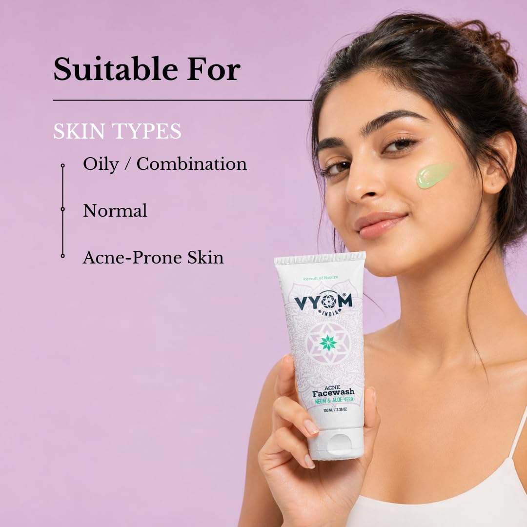 Vyom India Acne Preventive Face Wash 100ml | Neem & Aloe Vera Gel Cleanser | Anti Acne, Pimple Control, Oil Control | Sulphate, Paraben & Silicone Free | Organics & Herbal Face Wash for Men & Women 2