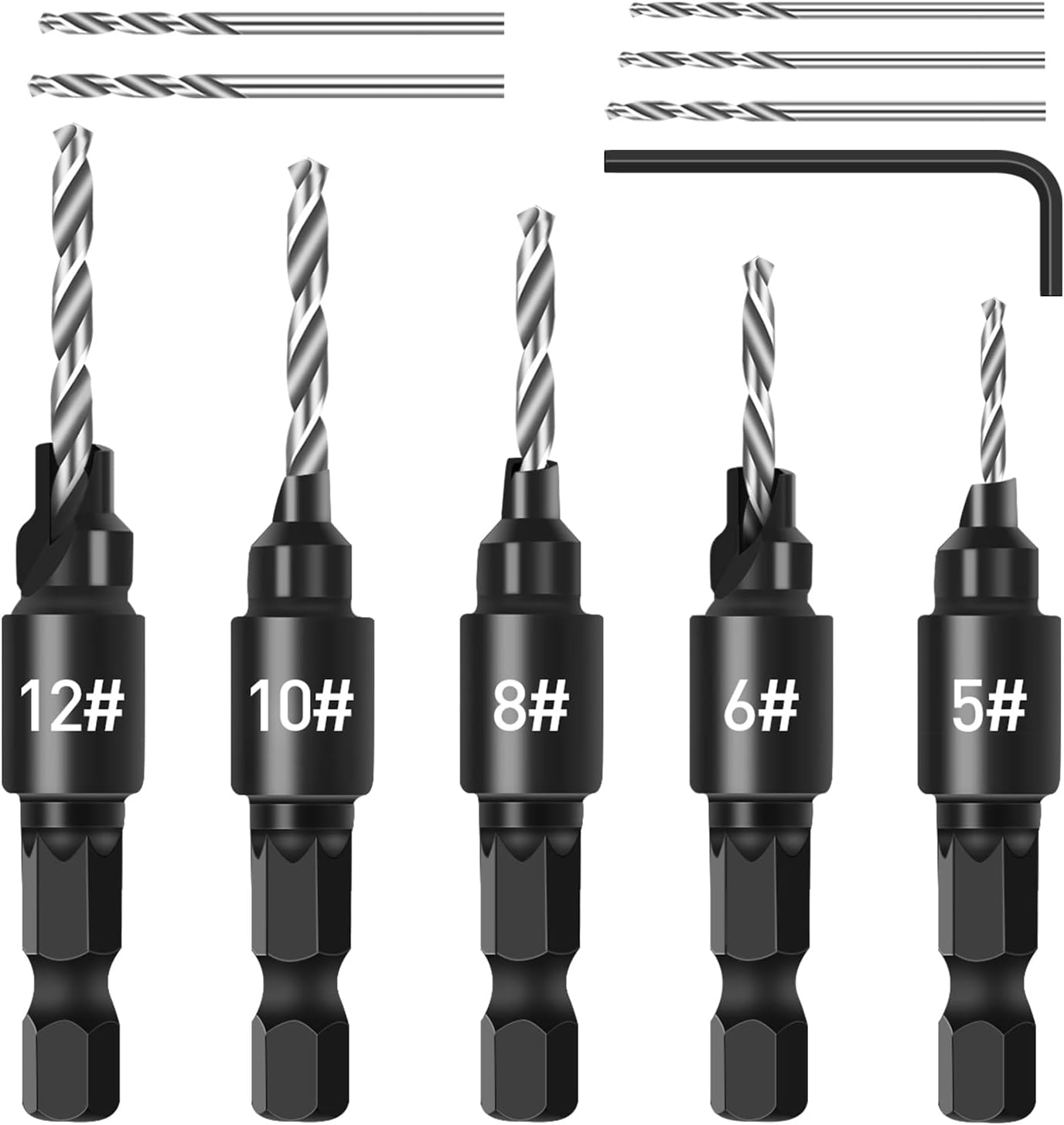Countersink Drill Bit Set for Wood, 3 in 1 Woodworking Countersink Counterbore Drill Bit Set with Adjustable Depth Stop, #5, #6, #8, #10, #12, 82-Degree Chamfer, 1/4" Hex Shank Quick Change