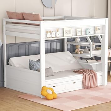Wood Full Size Convertible Bunk Bed with Storage Staircase, Bedside Table, and 3 Drawers White