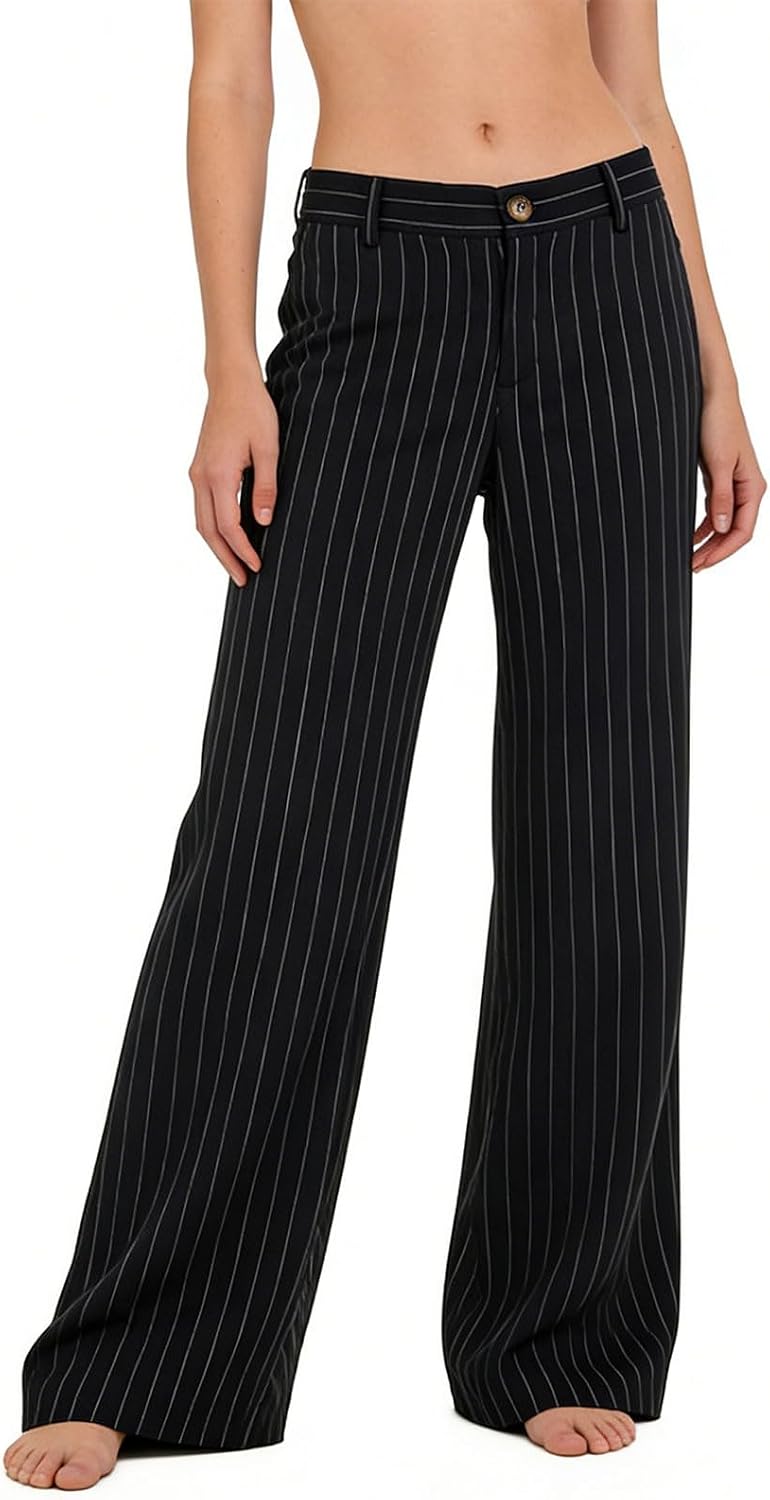Women's Wide Leg Suit Pants Low Waisted Pinstripe Dress Pants Business Casual Stripe Trousers with Pockets