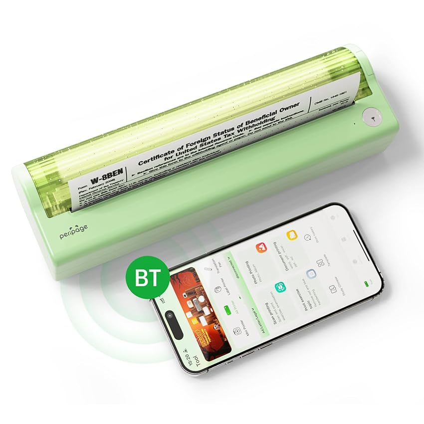 Bisofice P80 Stampante Portatile A4 Senza Arricciature, PeriPage Stampante Termica Bluetooth per Cellulare, USB per PC, Stampa liscia, Compatibile con AndroidOS/Win/Mac