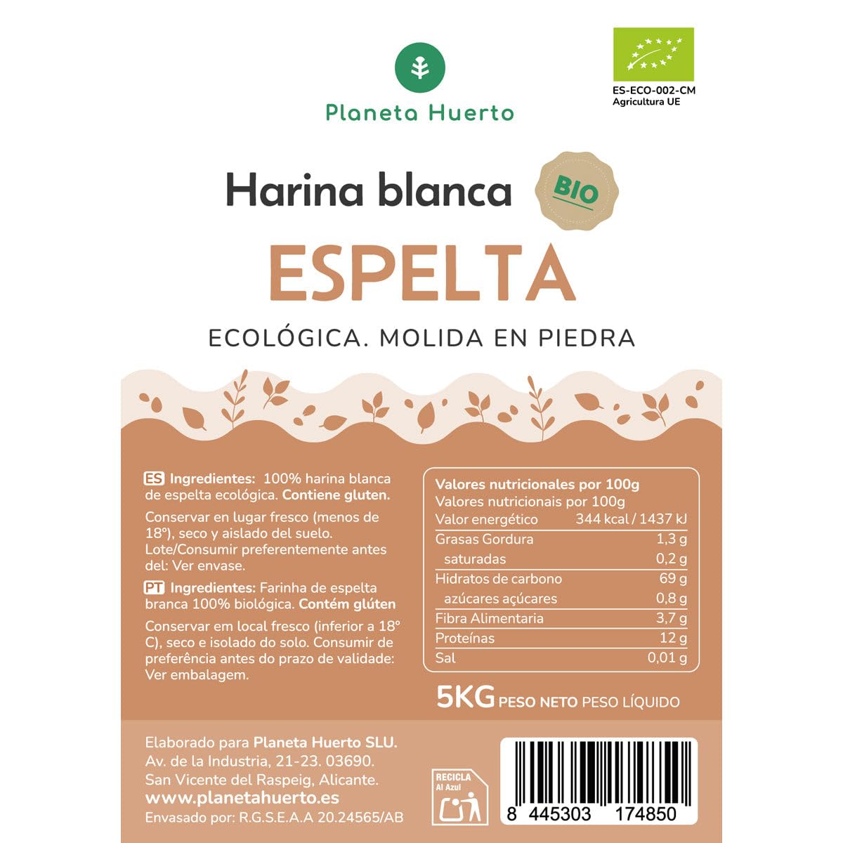 PLANETA HUERTO | Harina Blanca de Espelta Ecológica 5 Kg | Ingrediente Saludable y Versátil para Repostería y Panadería