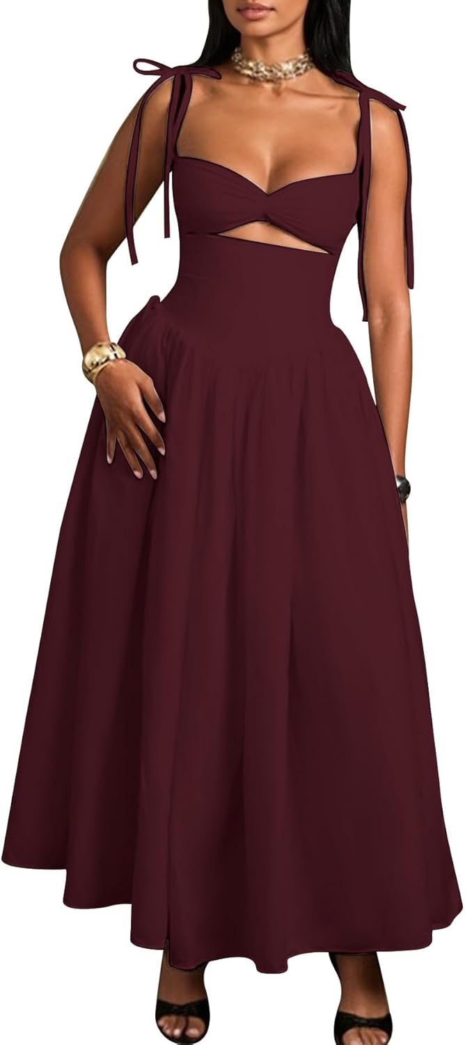 Tcremisa Womens Sleeveless Maxi Dress Sexy Spaghetti Strapy Cut Out Pleated A Line Long Cocktail Party Wedding Guest Dresses