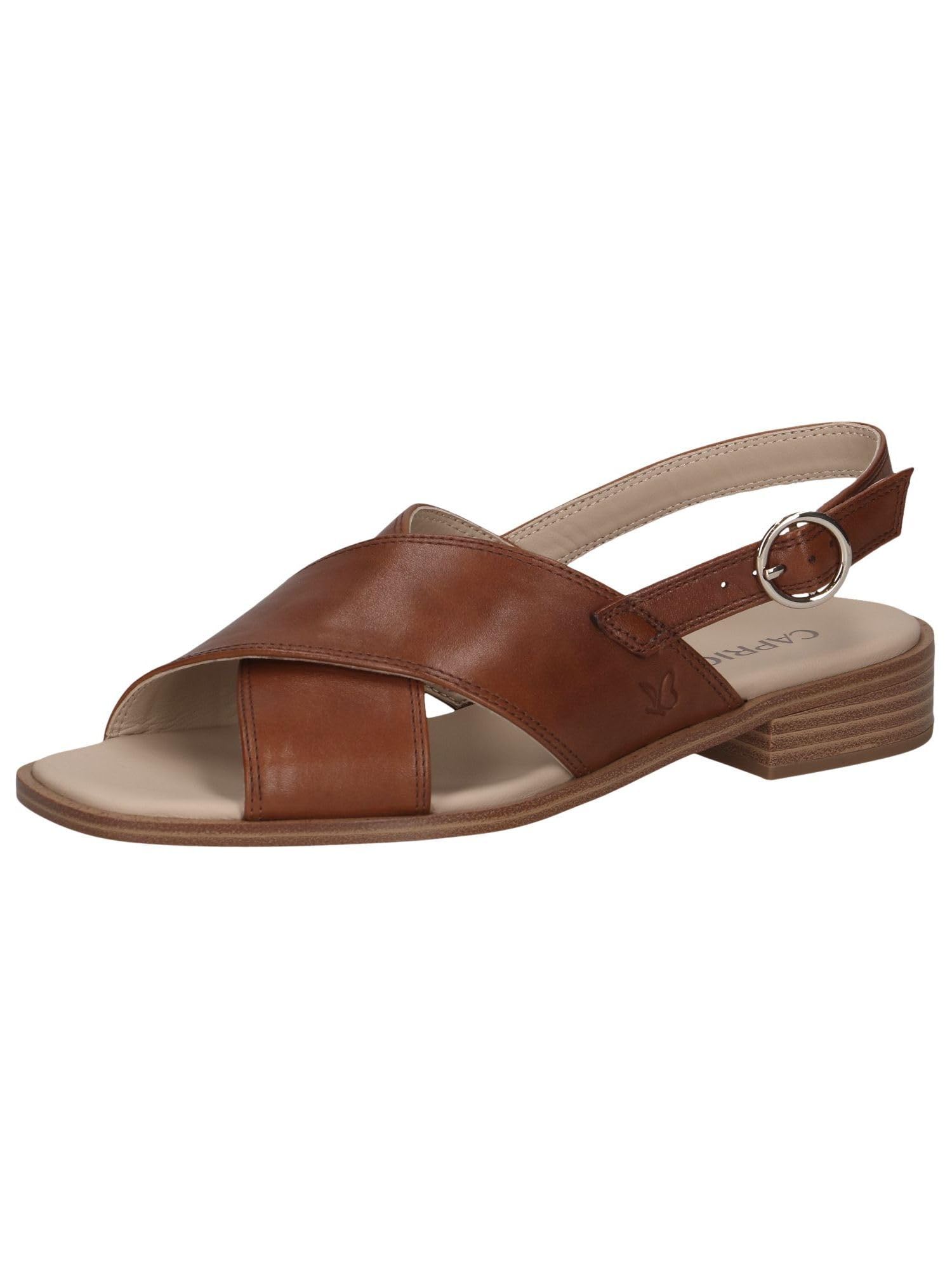 CAPRICE Women's leather flat sandals Elegant, Brown (Cognac Nappa), 4 UK