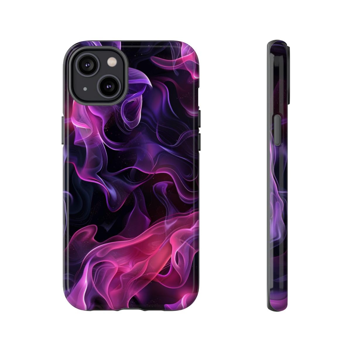 Coque iPhone 14 Plus flammes violettes et roses rigide et brillante