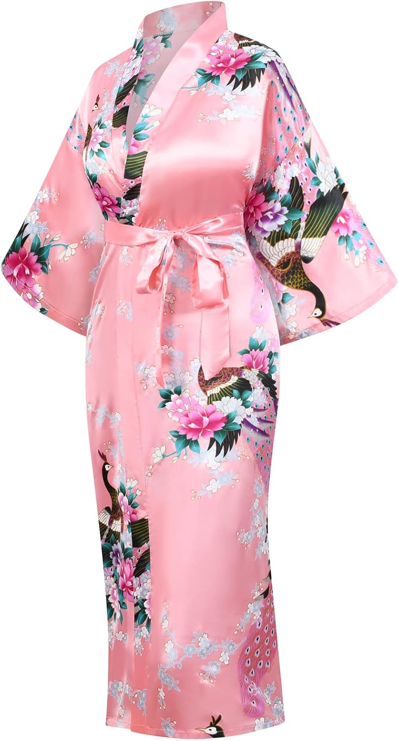 Heone Kimono Satin Peacock Printed Lightweight Cardigan Jacket Coat Yukata Cloak Bathrobe Tops folding Fans Tabi Socks Set