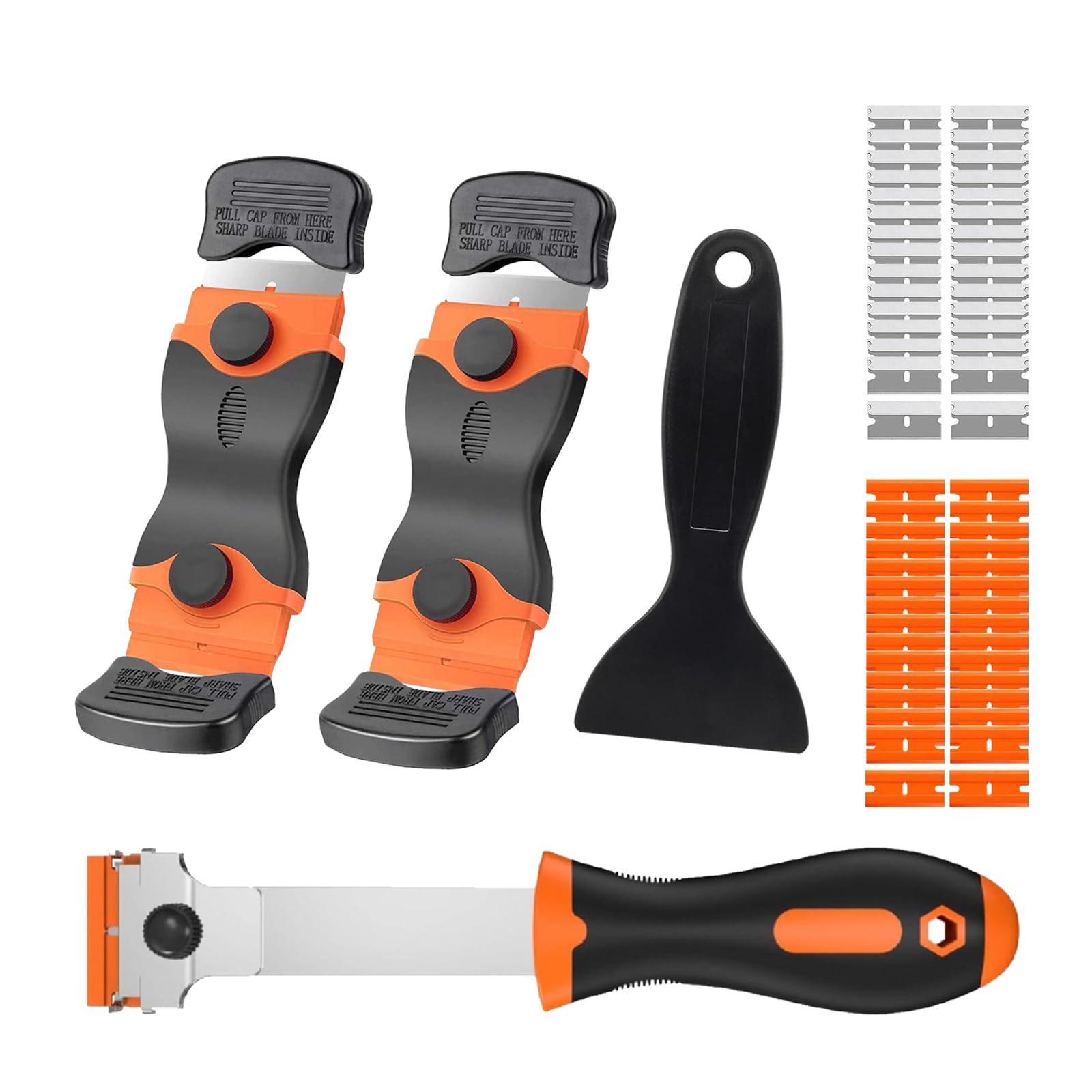 4-teiliges Schaber Set mit 30 Kunststoff- & 30 Metallklingen – Profi Glas- und Ceranfeldschaber zum Entfernen von Aufklebern, Etiketten, Farbe & Kochfeldresten