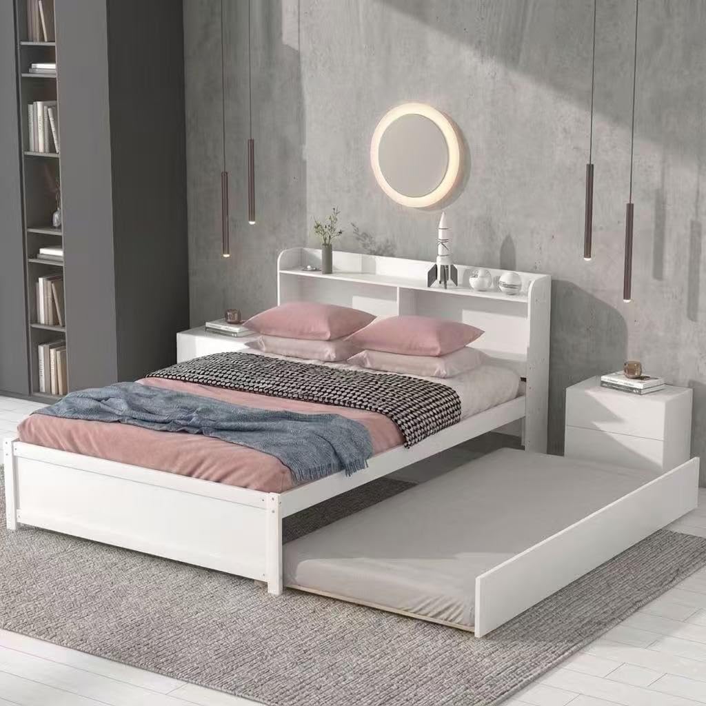 White Full Bed with Trundle and Storage Headboard, Platform Bed, Pine Wood,Modern Rectangular Design,Ideal for Bedroom& Guest Room,83” Lx57.5”Dx35.7”H