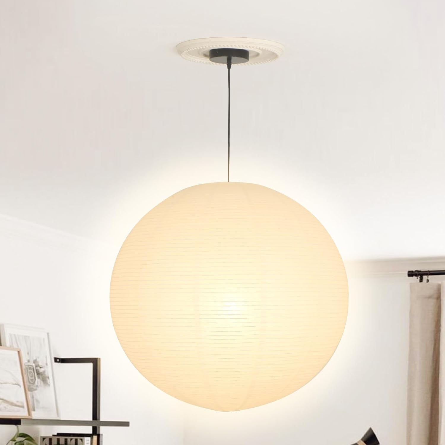 White Round Paper Lantern Lampshade, 22"x22'' Large Paper Lanterns Pendant Light Shade, Chinese Foldable Design for Living Room, Bedroom, Ceiling Lampshade Party Decor