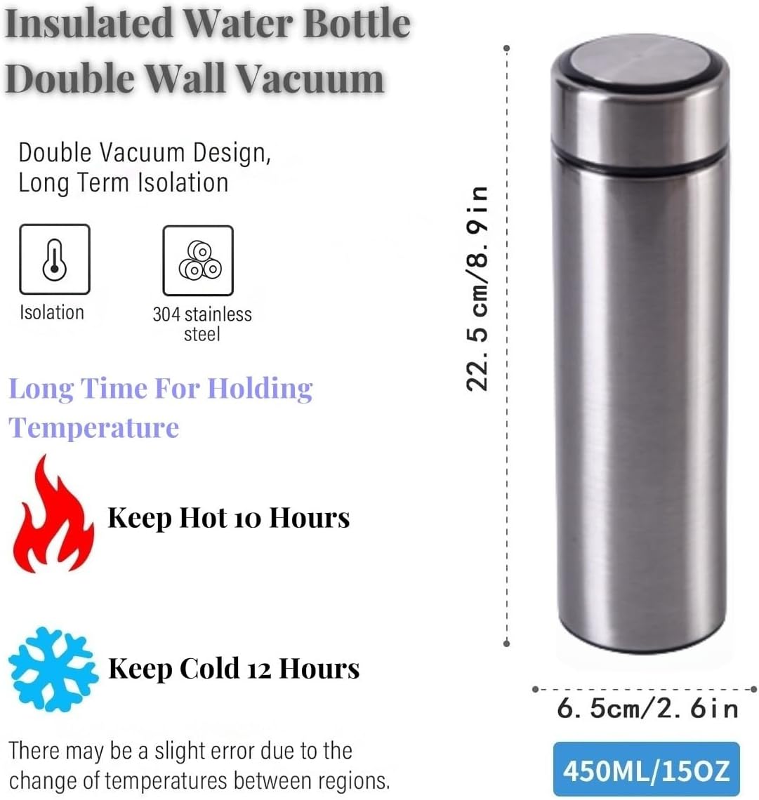 Insulated Water Bottles- Vacuum Tumbler for Coffee, Tea and Drinks with Stainless Steel Infuser - 15 oz Tea Thermo Travel Bottle/Keeps Drinks Hot or Cold for Hours/Gift Packing (Silver) - Image 2