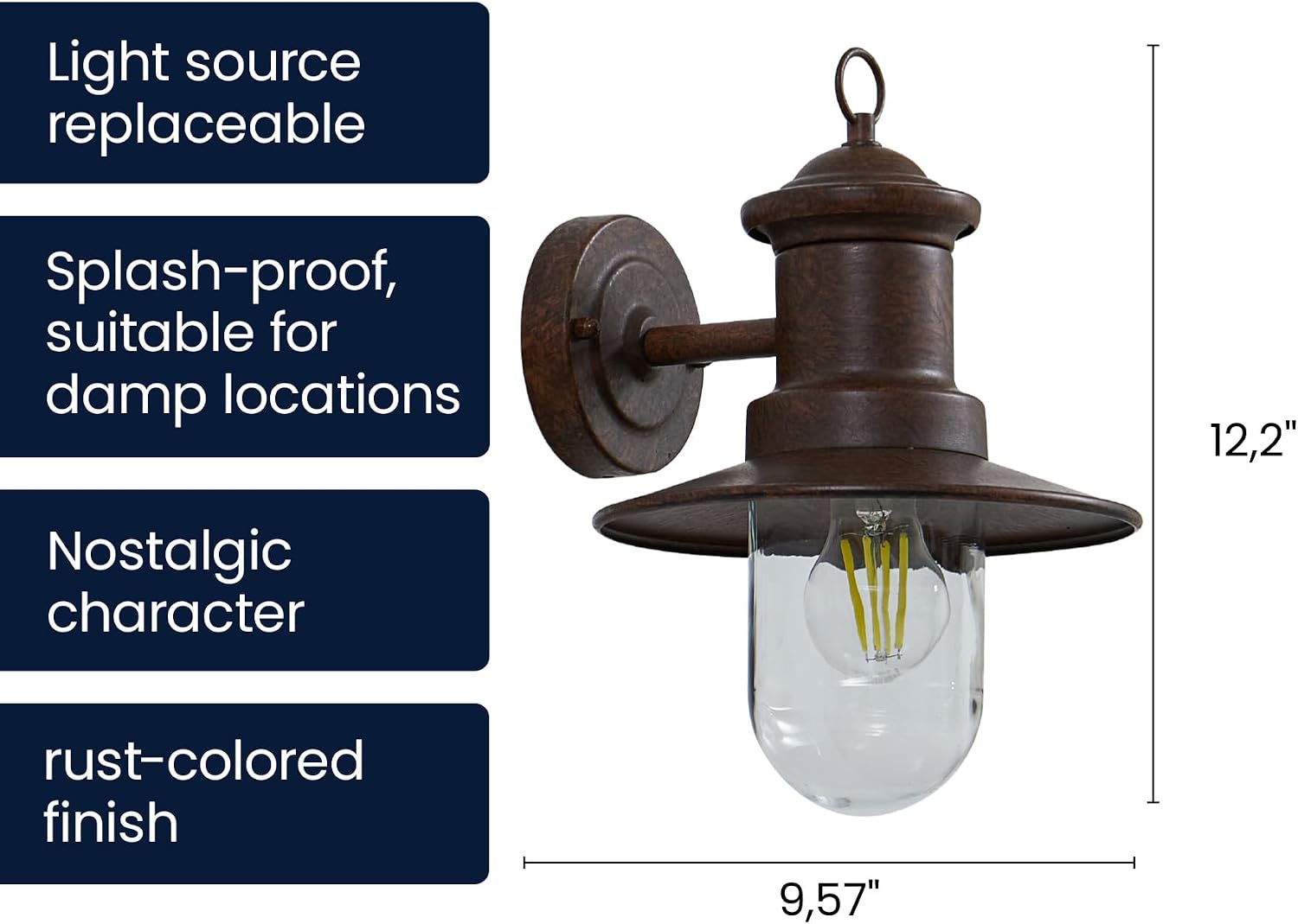 Outdoor Wall Lantern, Rust Finish Farmhouse Exterior Sconce, Clear Glass Porch Decor Wall Light for Front Door Garage Patio, Outside Lights for House, Hardwired, E26 Bulb Not Included, 12.2"