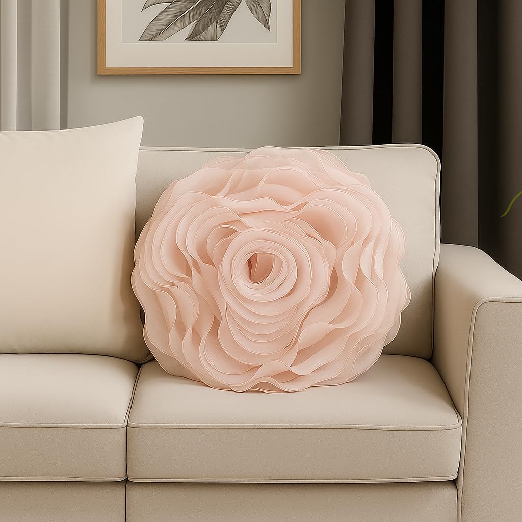 Fennco Styles Beautiful Handmade 3D Rose with Custom Made Fabric Decorative Throw Pillow 16" Round (Pink, Case+Insert)