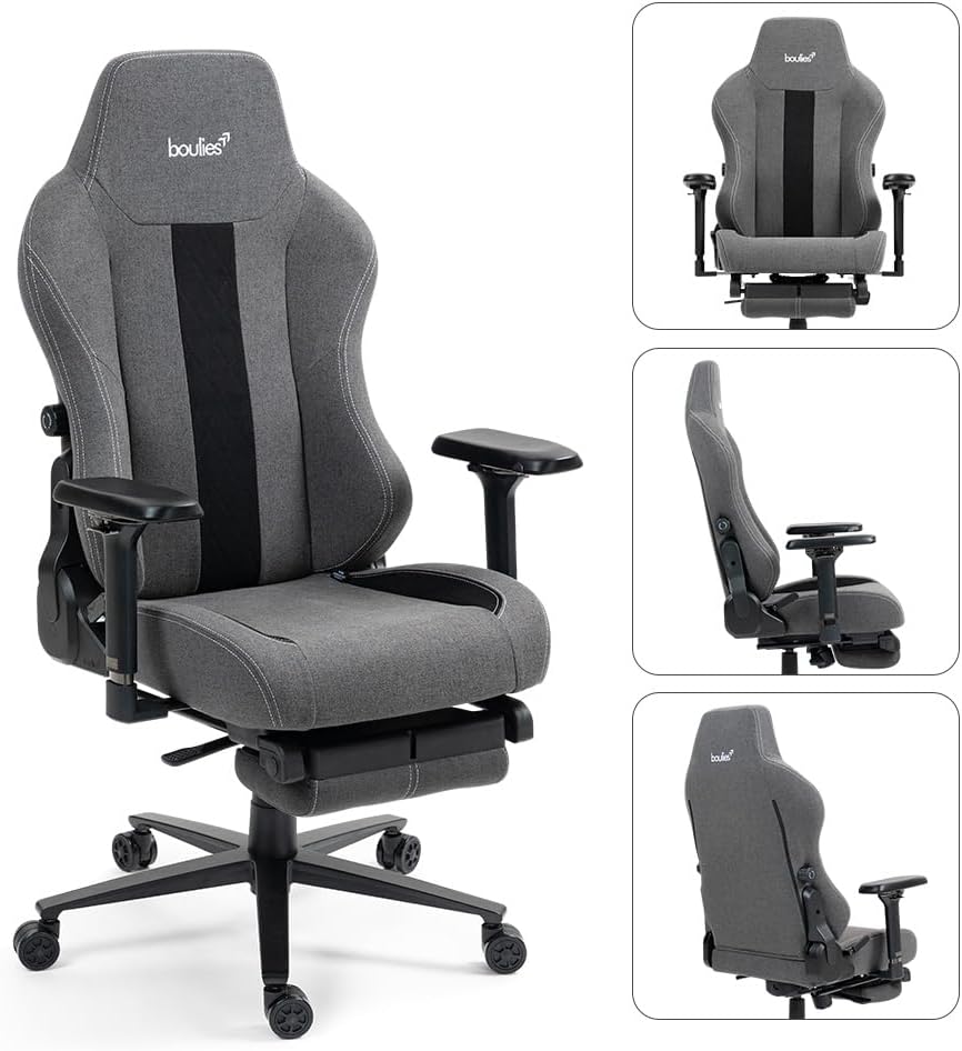boulies Master Rex Gaming Chair, Ergonomic Computer Chair with Footrest, Reclining Office Chair with 4D Armrests, Adjustable 4-Way Lumbar Support and Headrest (Water Repellent Fabric, Charcoal Grey)