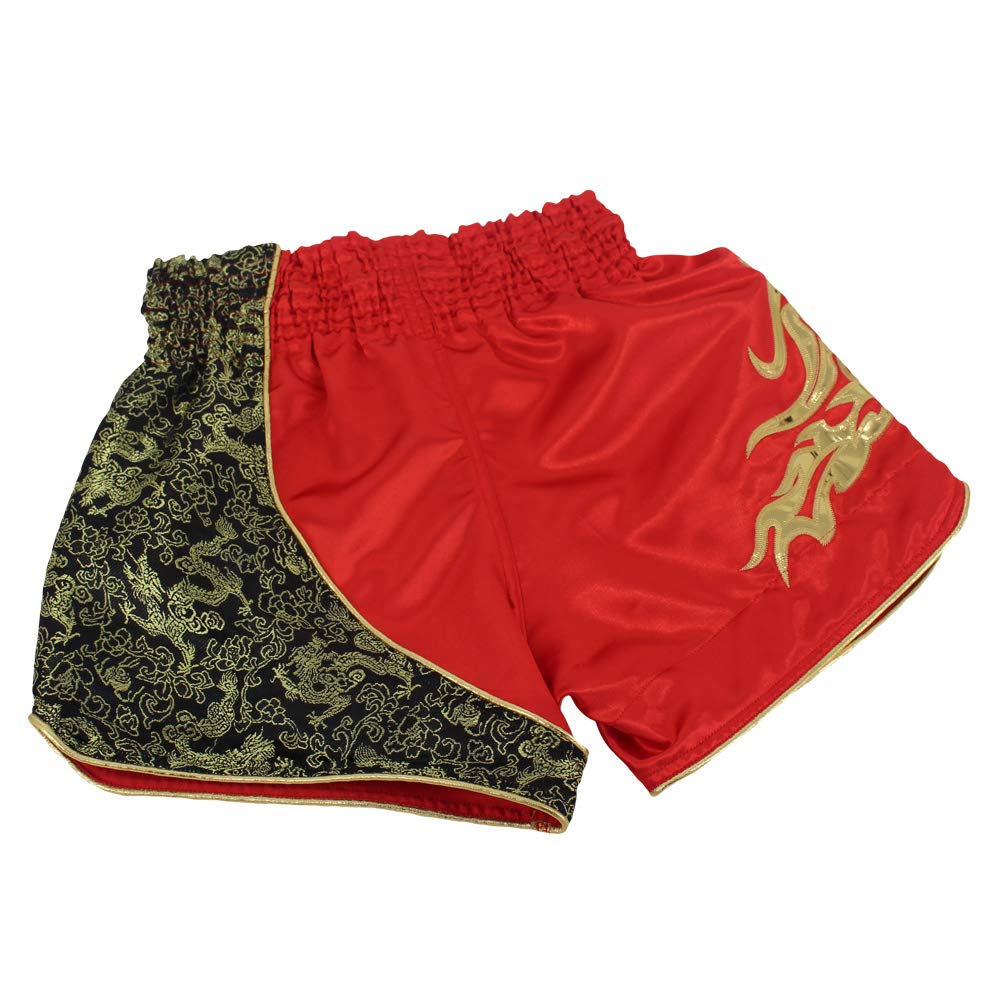 SOTF Muay Thai Fight Shorts for Kids Men Elastic Waist Kickboxing MMA Shorts, Red, M for waist 25-31inch