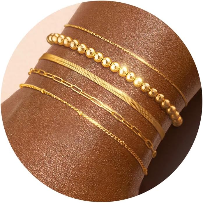 Stack Dainty Gold Plated Beaded Bracelets Set for Women Trendy Tarnish Stackable Pack Layered 14K Chain Paperclip Bracelet Accessories Stacking Small Simple Adjustable Vintage Jewelry Gifts