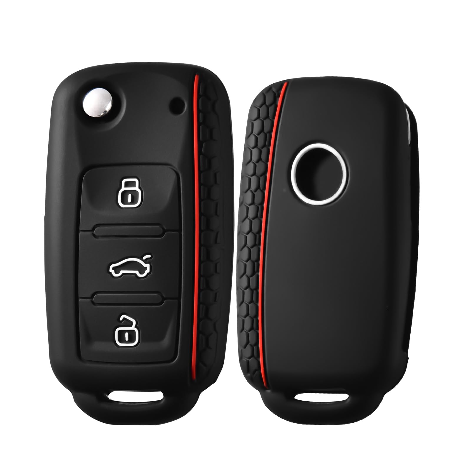 OATSBASF Autoschlüssel Hülle VW, VW Golf Schlüsselbox,Schlüsselhülle Cover für VW Polo Passat Skoda Seat 3-Tasten Silicone Schlüsselbox Cover Auto Zubehör (Rote Linie)