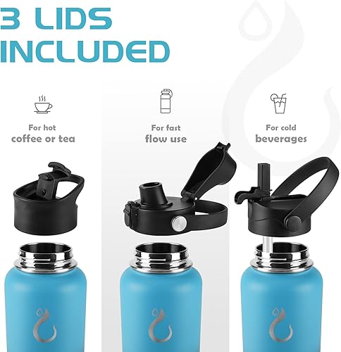 Miniatura 5 de Opard Botella de agua deportiva de 32 onzas, 3 tapas (tapa con pajilla, tapa abatible, tapa de boquilla), a prueba de fugas, acero inoxidable