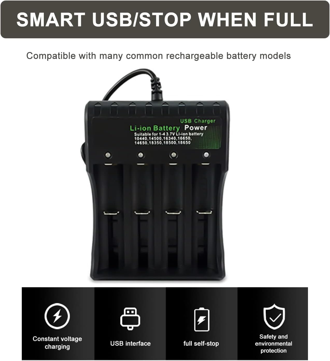 4 Pack Button Top Lithium Polymer Ion 18650 Rechargeable Batteries with 4 Bay Battery Charger for Toys, Lighting, Bluetooth Devices, Flashlights, Headlamp, Remote Control and More