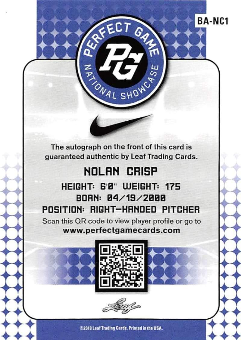 2018 Leaf Perfect Game National Showcase Autographs Yellow Baseball #BA-NC1 Nolan Crisp Auto Autograph SER/25 Trading Card produced by Leaf