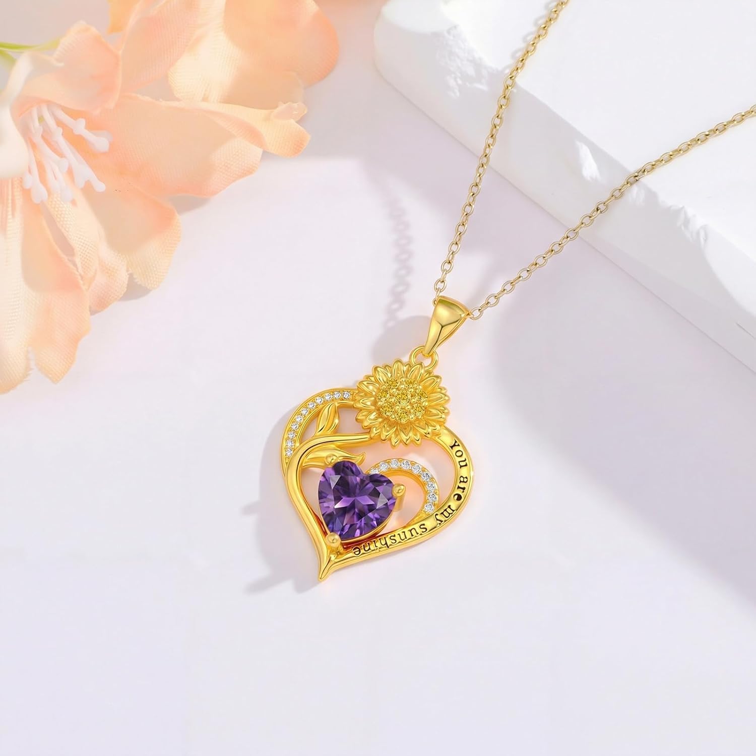 OJK 18K Gold Sunflower Necklace Heart Birthstone Sunflower Necklaces Anniversary Birthday Gifts for Women You Are My Sunshine Jewelry for Wife Mom