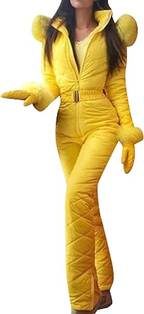 OMZIN Womens High Waist Outdoor Lounge Snowsuit Quilted Vacation Jumpsuit with Belt Fall Winter Rompers