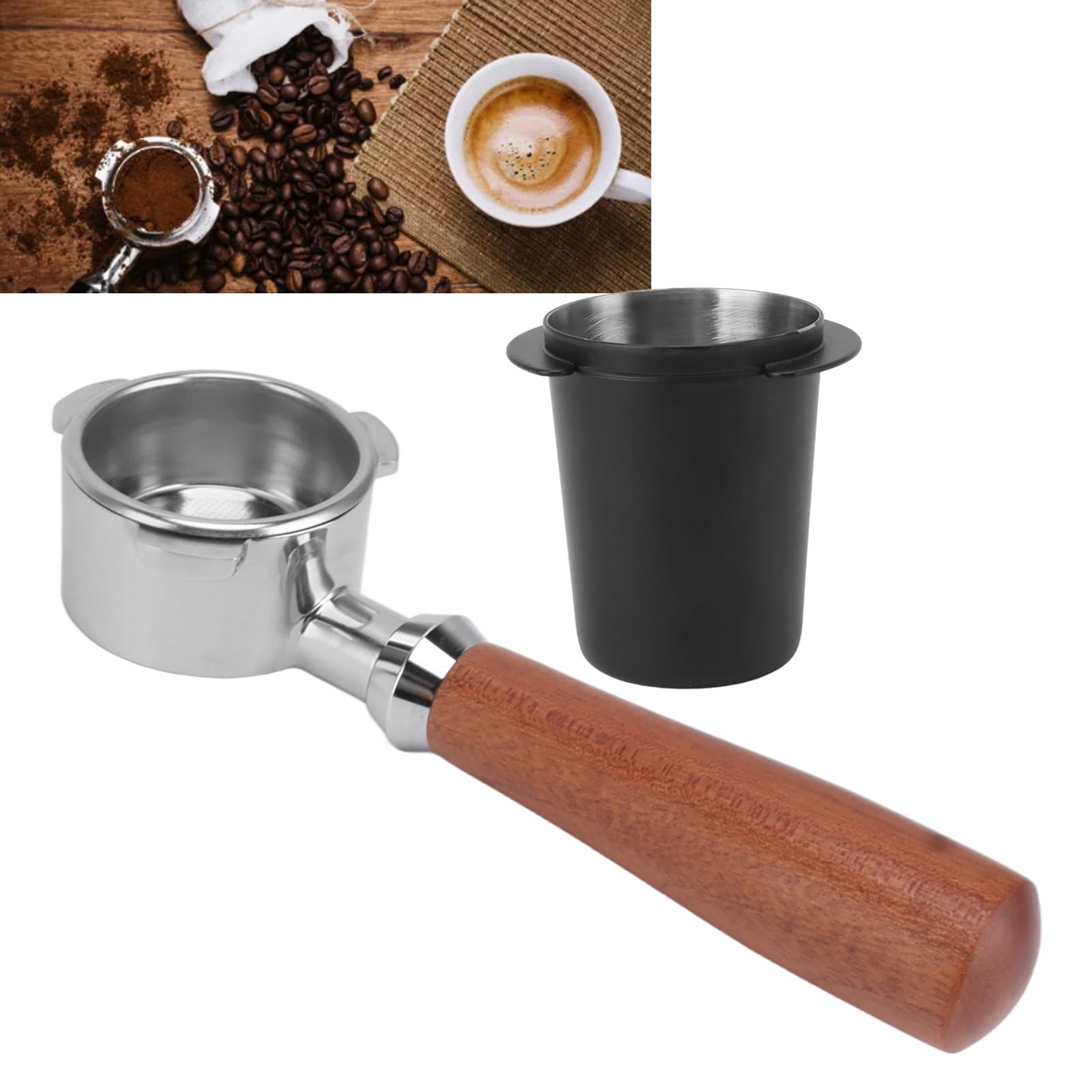 Porte-filtre sans fond en acier inoxydable avec récupérateur de poudre pour les amateurs de café, la maison et le bureau (noir)
