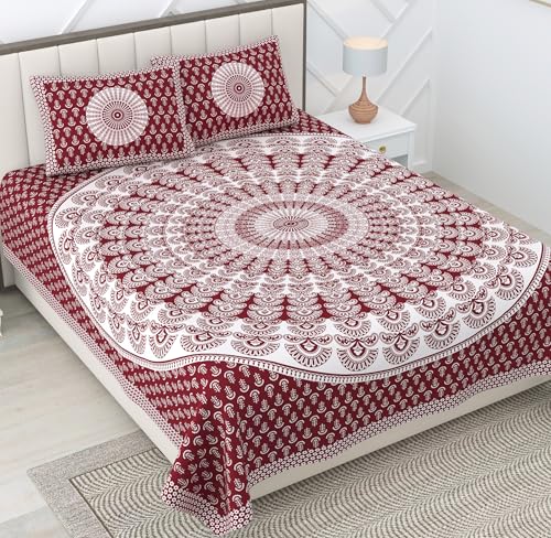 Image of RajasthaniKart Pure 100% Cotton Double Bed Sheet with 2 Pillow Covers (Bedsheet for Double Bed Cotton, Maroon Rangoli, Jaipuri King Size,5305)
