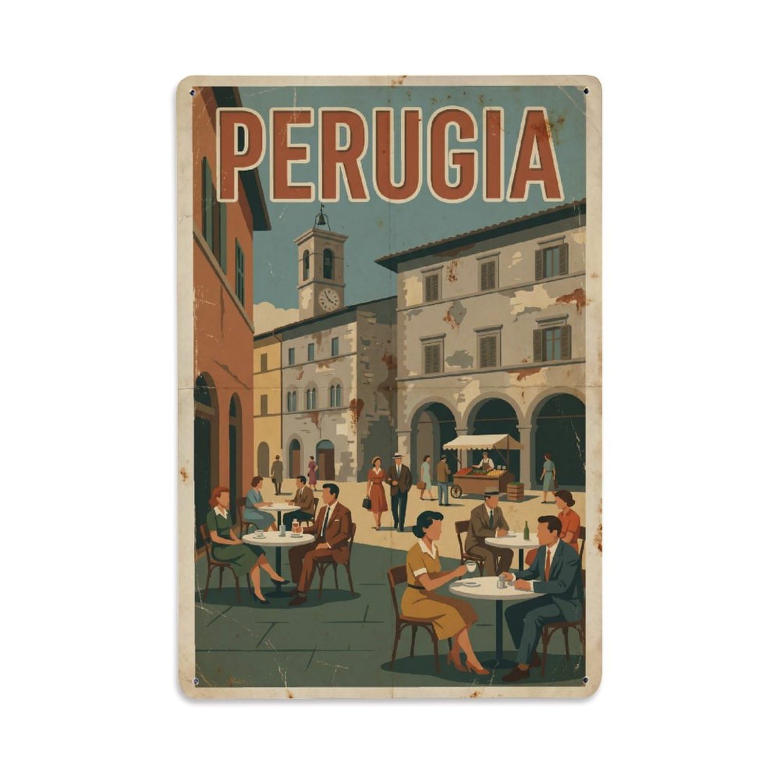 Vintage Travel Perugia Piazza Lupattelli Italy Metal Tin Sign Plaque Wall Decor for Cafe, Club Bar, Office, Home Garden Metal Poster 8x12Inch