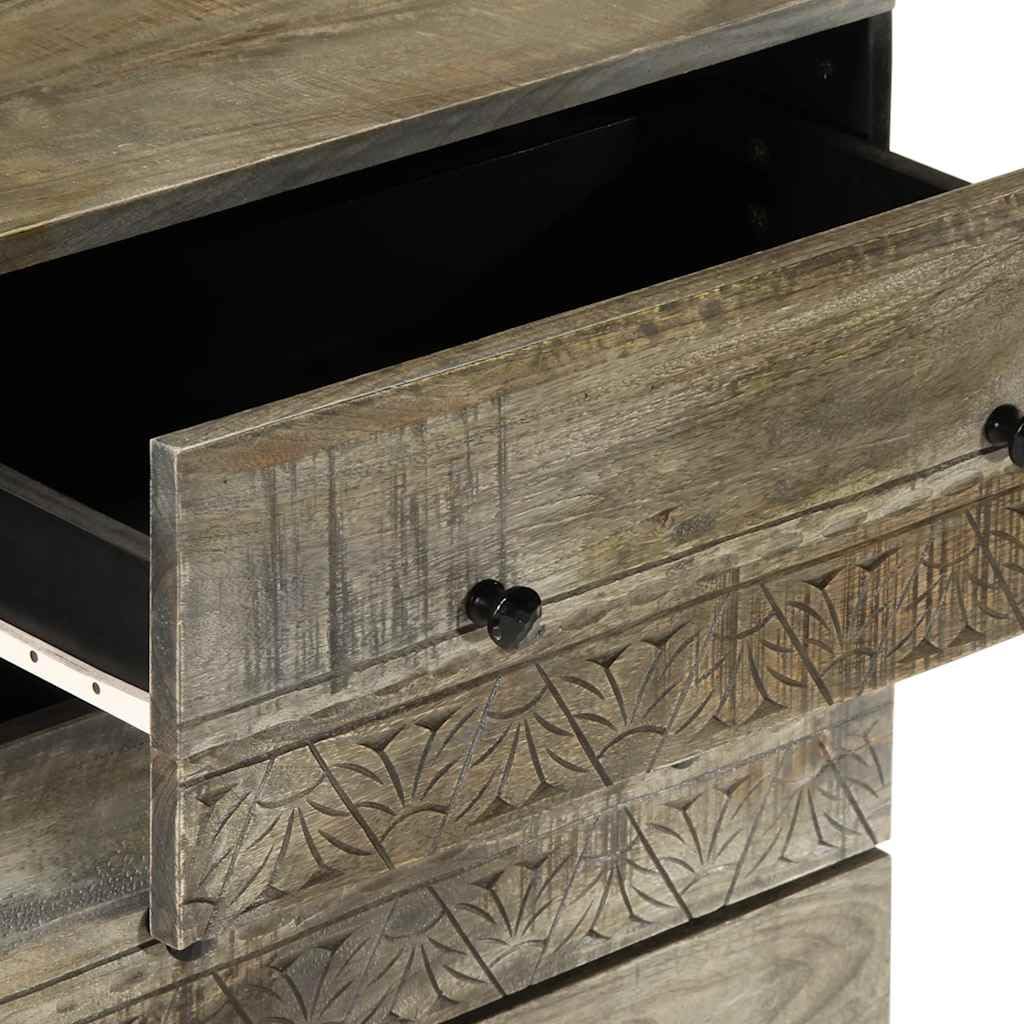 Sideboard Hellgrau Massivholz Mango 60x33,5x75 cm mit Schnitzfront, Stauraum Schrank, Aufbewahrungsschrank für Wohnzimmer, Büro, Flur, Schlafzimmer