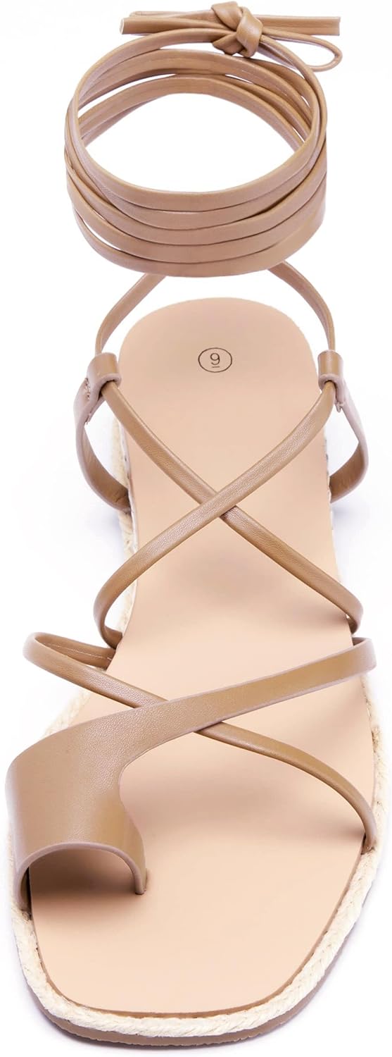 Coutgo Womens Lace Up Gladiator Sandals Strappy Flat Dressy Low Heel Wedges Thong Summer Beach Shoes - Image 2