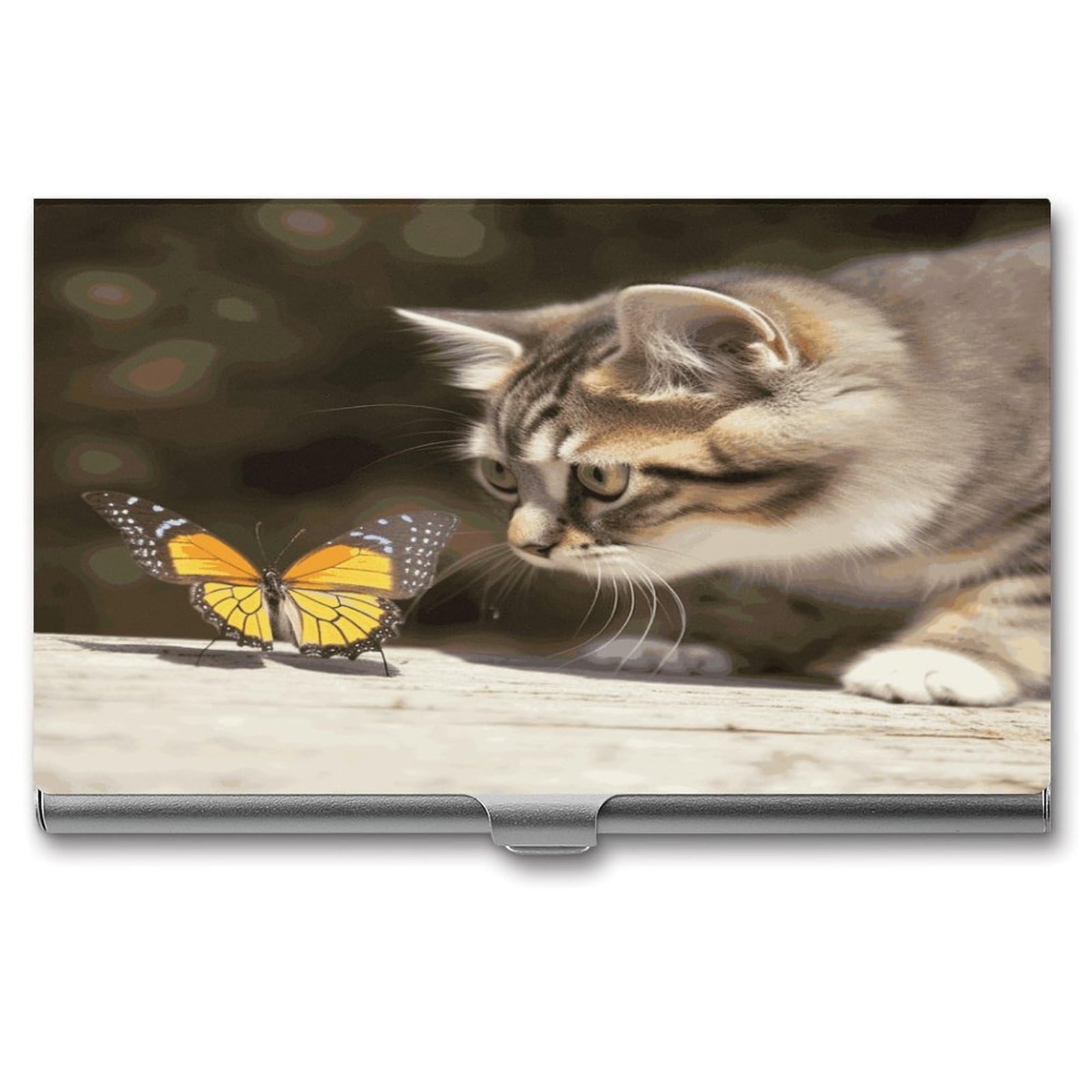 JTREHY Cat And Butterfly Business Card Holder Slim Purse Name Card Holder Portable Metal Business Card Case Wallet Large Capacity Lightweight Business Card Case for Men Women