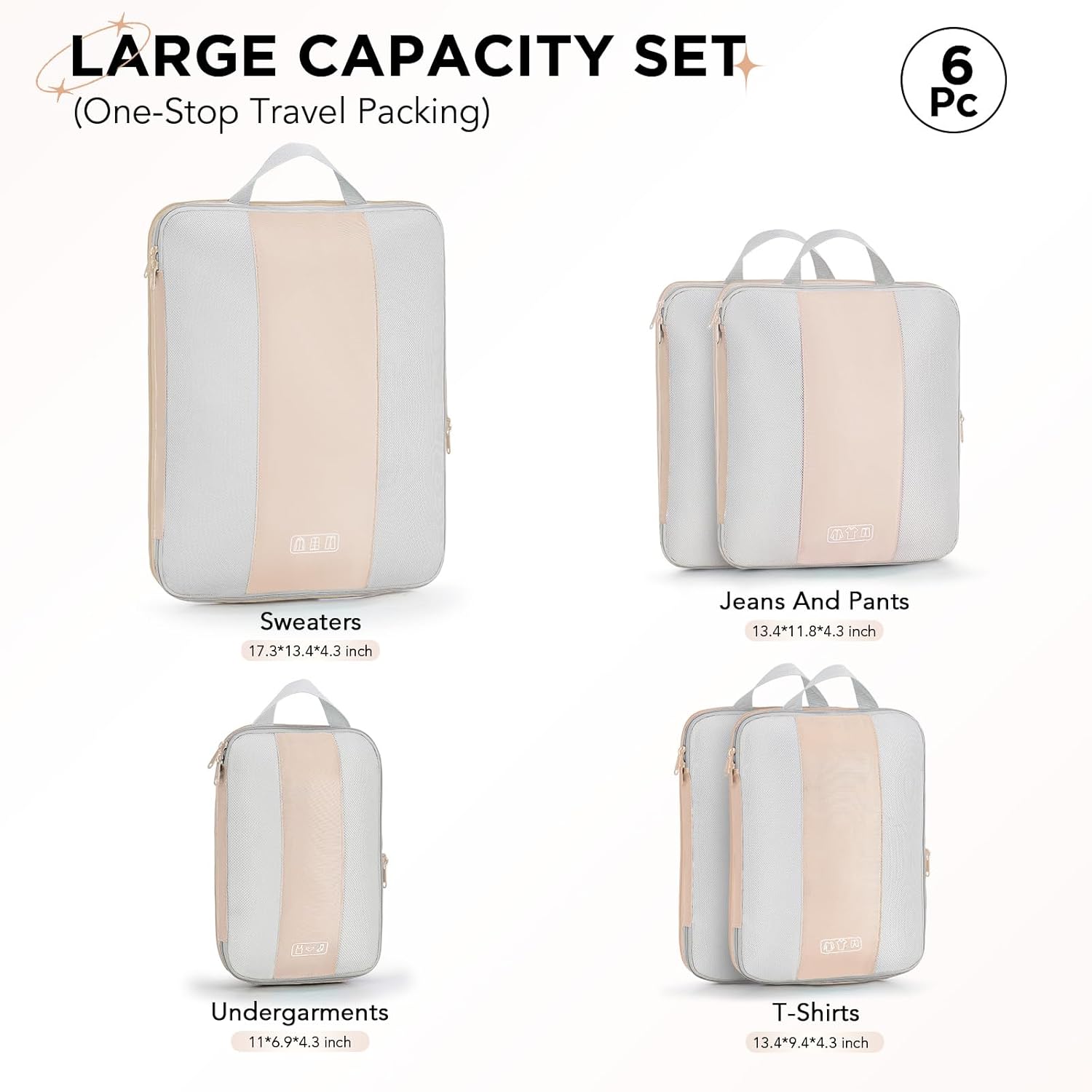 6 Set Compression Packing Cubes for Travel Essentials,Compressible Expandable Packing Cubes for Suitcase,OlarHike Luggage Organizer Bags for Travel,Handy Helper for Organizing Clothes(Beige) Beige 6 set