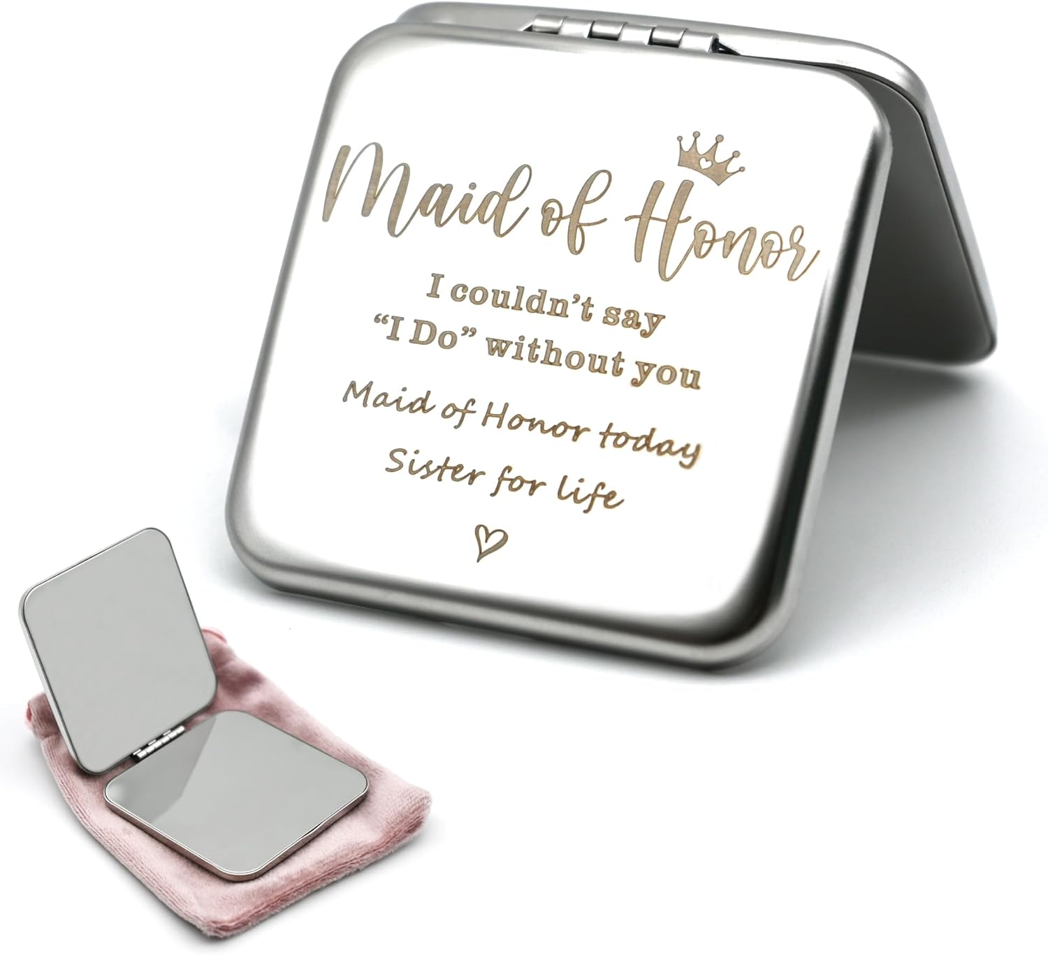 Maid of Honor Gifts Compact Mirror, Silver Square Portable