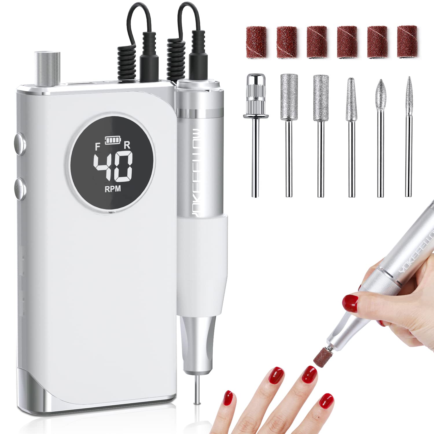 YOKE FELLOW Rechargeable Nail Drill - 40000RPM Electric Nail Drill for Acrylic Nails Professional Nail Filer with 6 Drill Bits for Gel Nail Tools for Manicure Pedicure