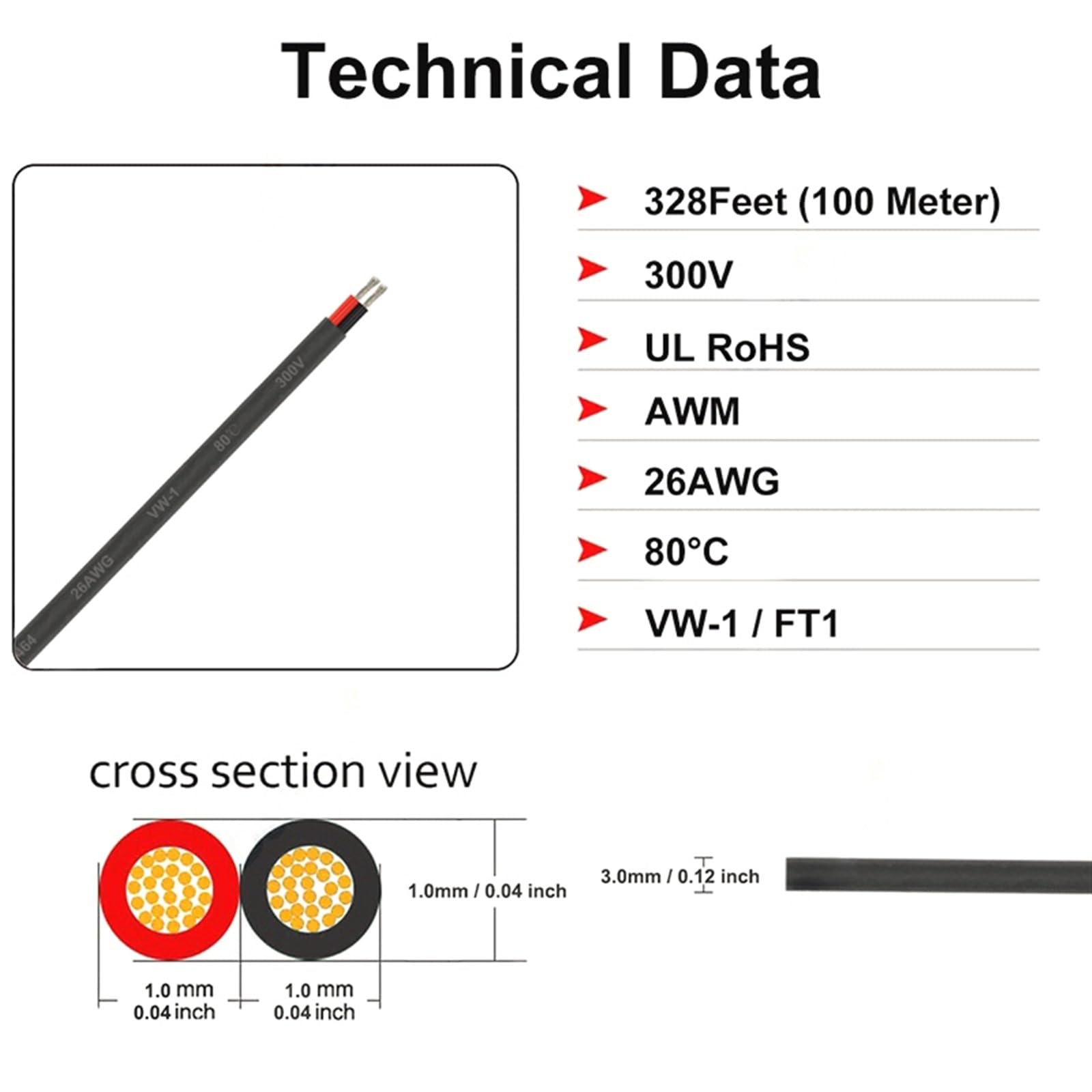 Przewód elektryczny, Kabel głośnikowy, przewód audio, 2-żyłowy, 16-26AWG, miedź, PVC, 12 V, 300, 3-100 m(20 Awg,4meter)